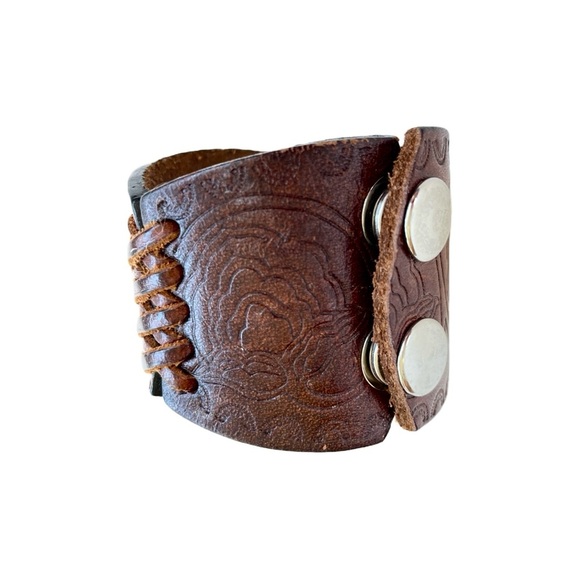 Handmade Tooled Embossed Leather Cuff Bracelet, Brown, Size Small - Picture 6 of 7